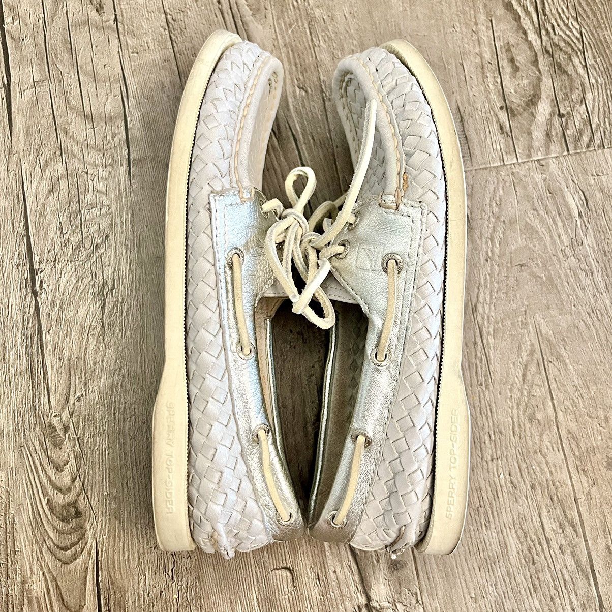 Sperry Sperry Top Slider Gray & Metallic Silver Woven Boat Shoes Size US 6.5 / IT 36.5 - 6 Thumbnail