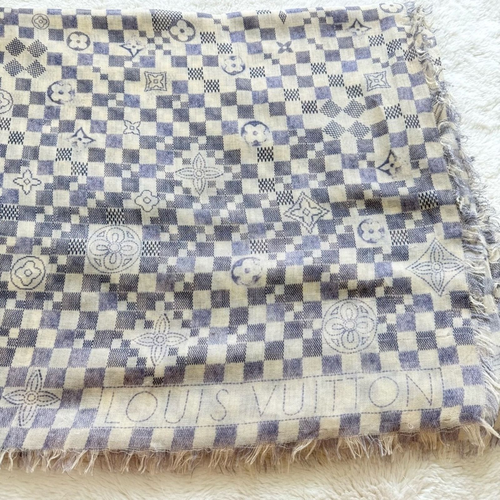 Louis Vuitton LOUIS VUITTON Cashmere Silk Damier Azur Monogram Scarf Size ONE SIZE - 6 Thumbnail