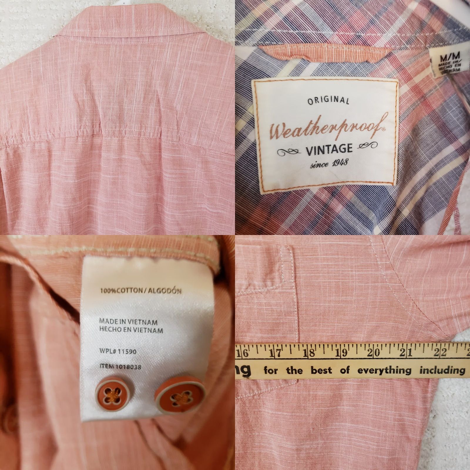 Weatherproof Weatherproof Vintage Shirt Mens Medium Pink Solid Short Sleeve Button Up Cotton Size US M / EU 48-50 / 2 - 8 Thumbnail