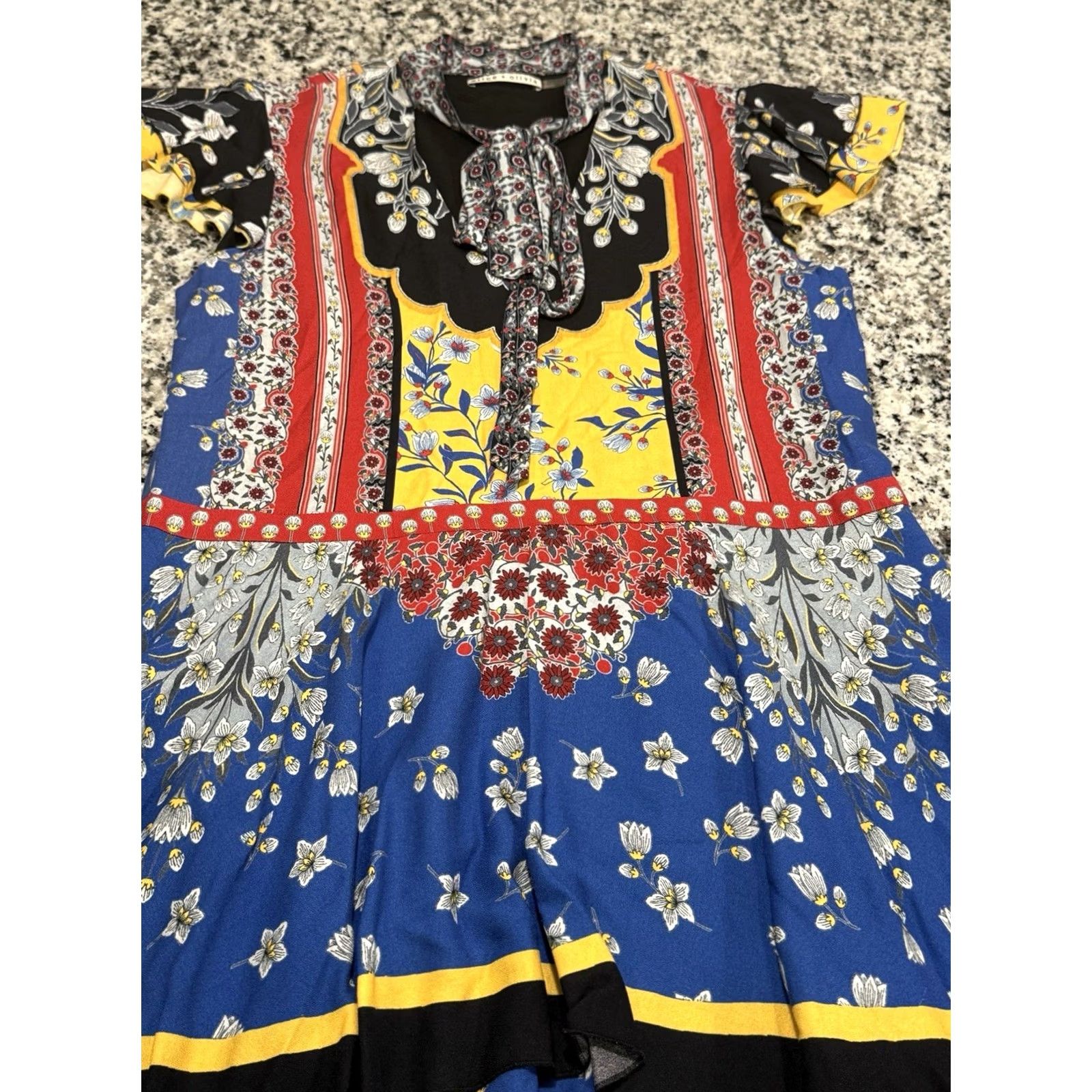 Alice + Olivia Alice + Olivia Daffodil Palace Scarf Pattern Mini Tie Neck Dress PS S/P Women Petite Multicolor Viscose Short Dress Men? Size S / US 4 / IT 40 - 4 Thumbnail
