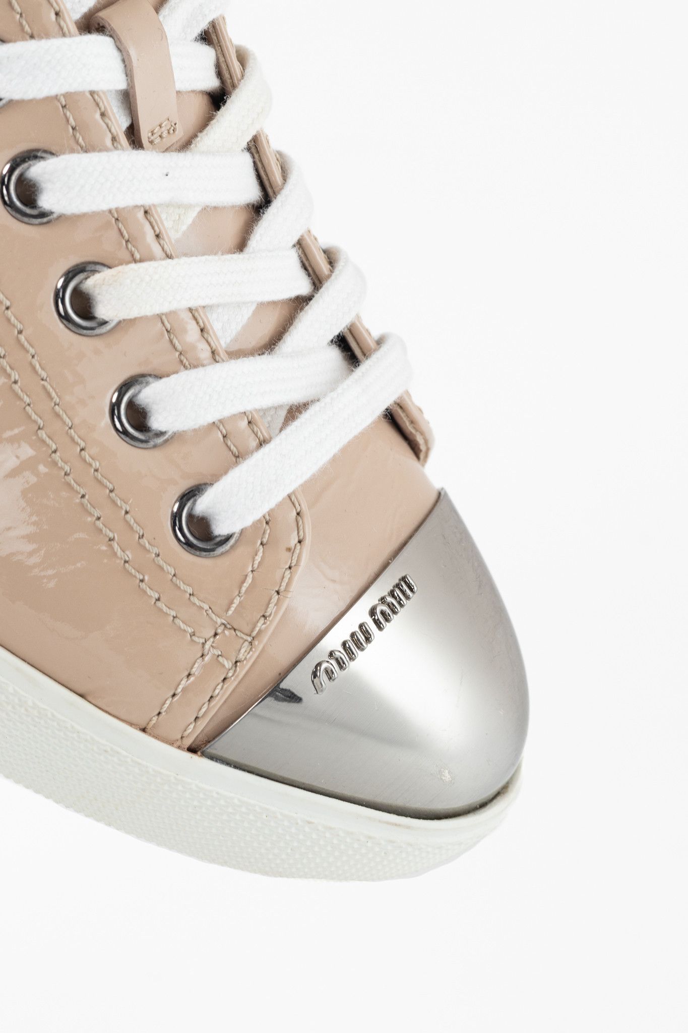 Miu Miu Miu Miu Nude Patent-Leather Cap-Toe Lace-Up Sneakers Size US 4.5 / IT 34.5 - 7 Thumbnail