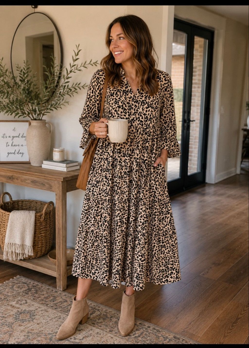 The Unbranded Brand Women's Unbranded Midi Dress Plus 3X Beige Black Leopard Pri Size 3XL / US 20-22 - 1 Thumbnail