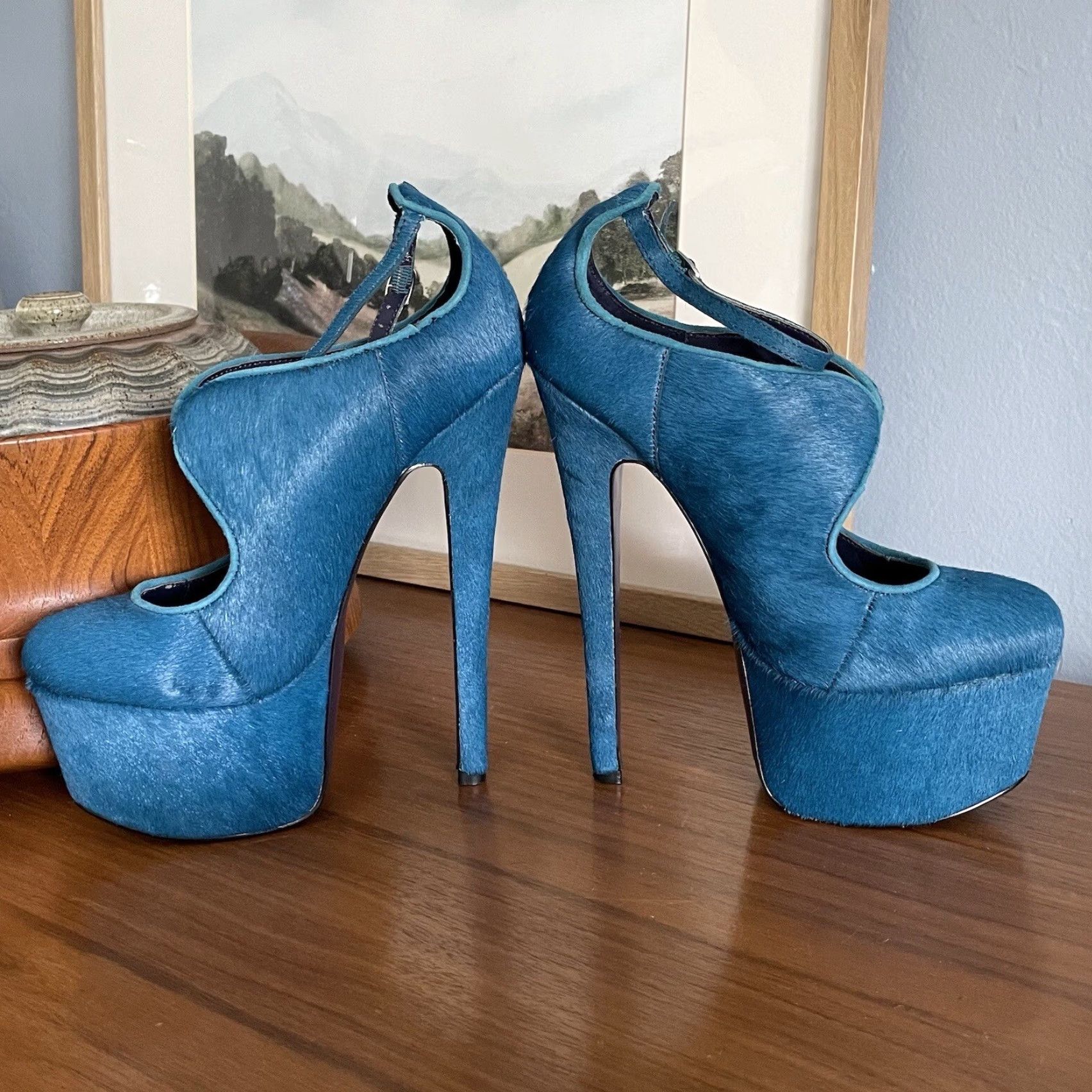 Altea VINTAGE London Trash Candy Cutout Stiletto Heels Teal Ankle Strap Fur Upper Leather Sz 6 Womens Shoes Size US 6 / IT 36 - 4 Thumbnail