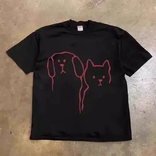 VIBE Black Loose Cat and Dog Printed Short Sleeve T-Shirt Size US L / EU 52-54 / 3 - 1 Thumbnail