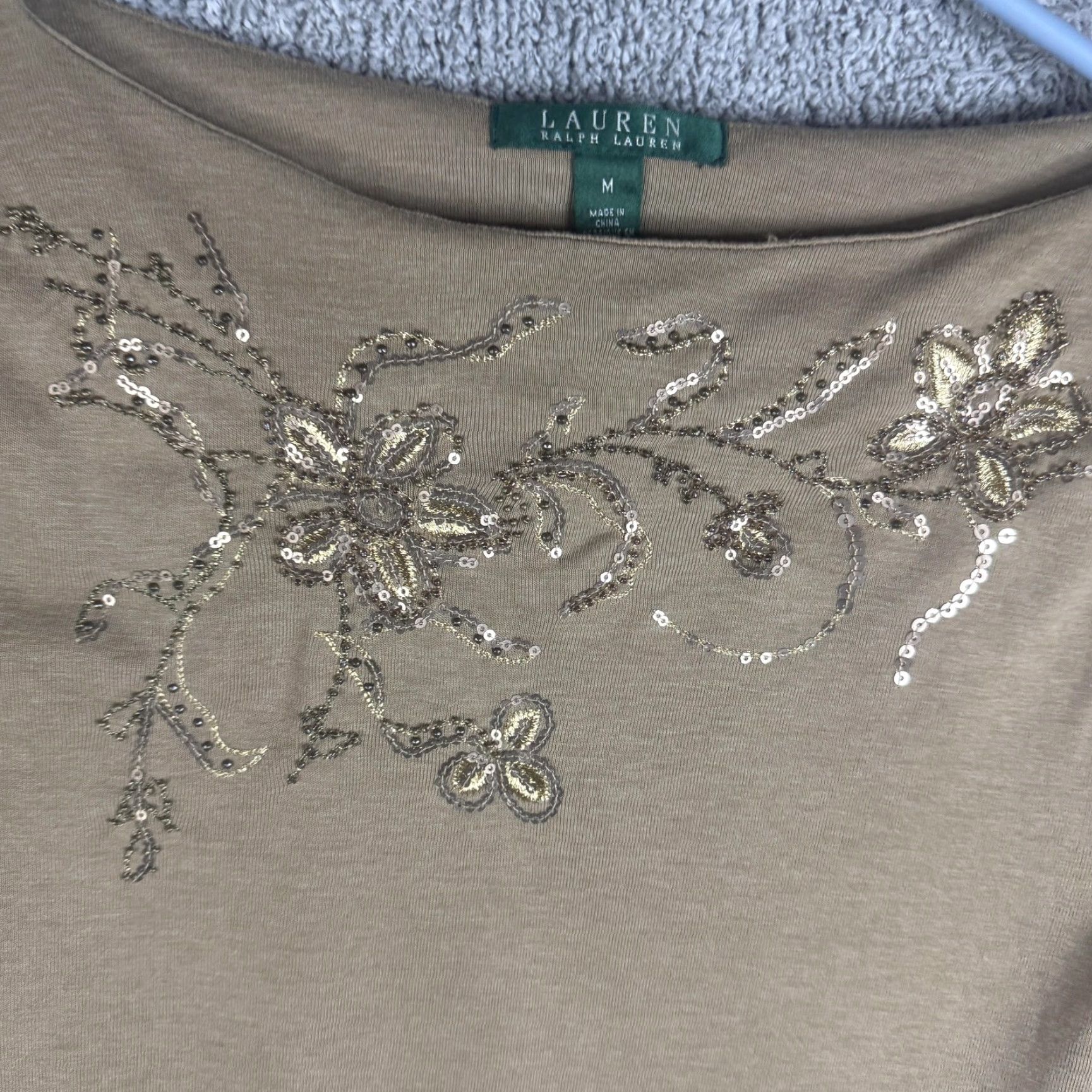 Ralph Lauren Lauren Ralph Lauren Shirt Womens Medium Brown Boat Neck Sequin Floral Top Size M / US 6-8 / IT 42-44 - 6 Thumbnail
