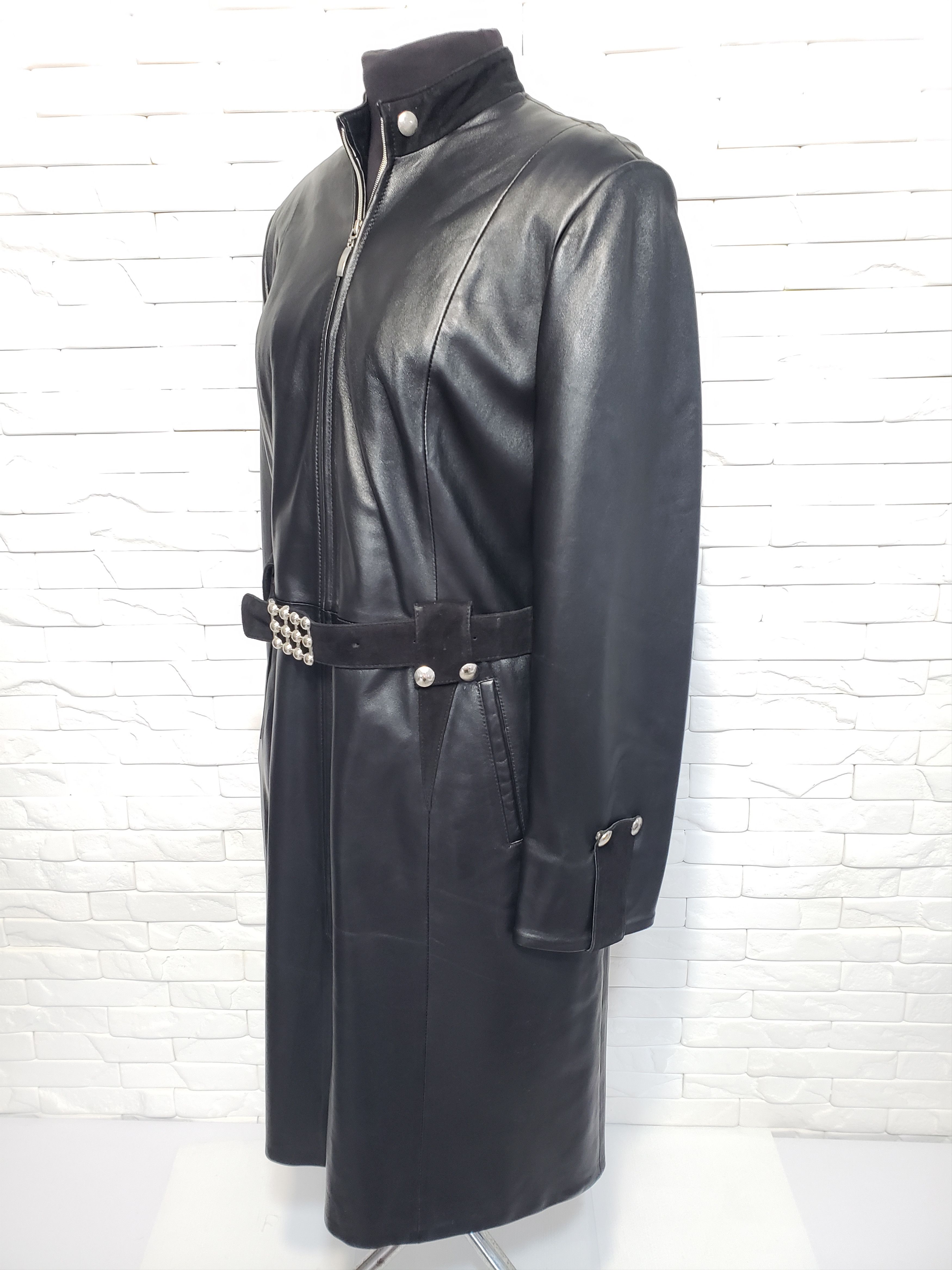 Genuine Leather Women black leather raincoat. Size XL / US 12-14 / IT 48-50 - 2 Thumbnail