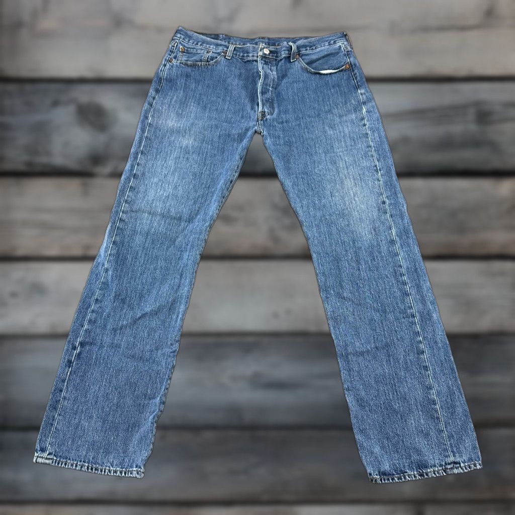 Levi's Levi's 501 Jeans Mens 38x34 Straight Regular Fit Medium Wash Button Fly Denim Distressed Vintage Retro Model Levi's 501 Series Mens Jeans Size US 38 / EU 54 - 1 Thumbnail
