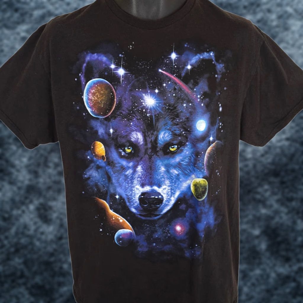 Vintage Space Wolf T Shirt Mens Size Large Black Outer Space Universe Planets Nature Tee Size US L / EU 52-54 / 3 - 1 Thumbnail