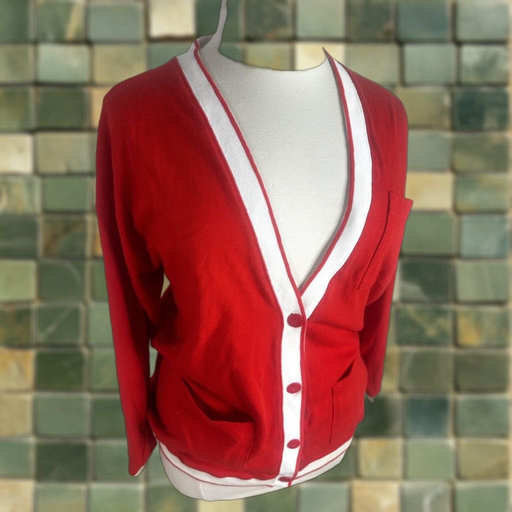 Vintage VINTAGE Cardigan Sweater 80s 90s Striped Red Cotton Women’s Large L Oversized Knit Size L / US 10 / IT 46 - 1 Thumbnail