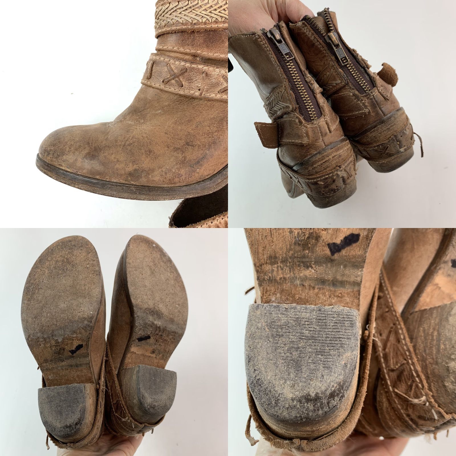 Vintage VINTAGE Corral Brown Distressed Leather Ankle Boots 7.5 Women Western Boot Buckle Zipper Block Heel Colonial? Size US 8 / IT 38 - 9 Thumbnail