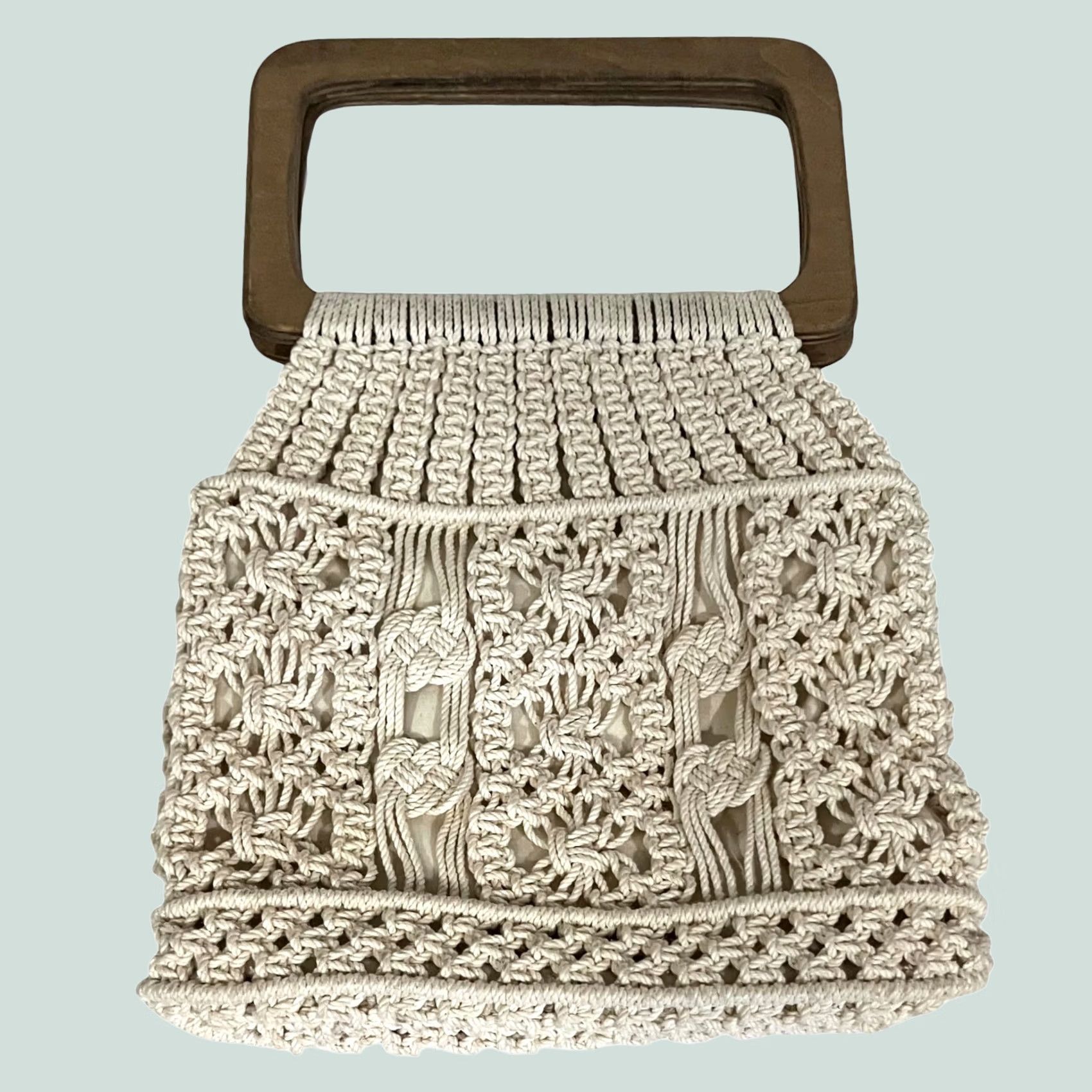 Vintage VINTAGE Macrame Crochet Purse Handbag Wood Handles Cream Ivory Cotton Handbag Womens Top Handle Bag Casual Party/Cocktail Brown Wood 10" wide 10" tall Size ONE SIZE - 1 Thumbnail