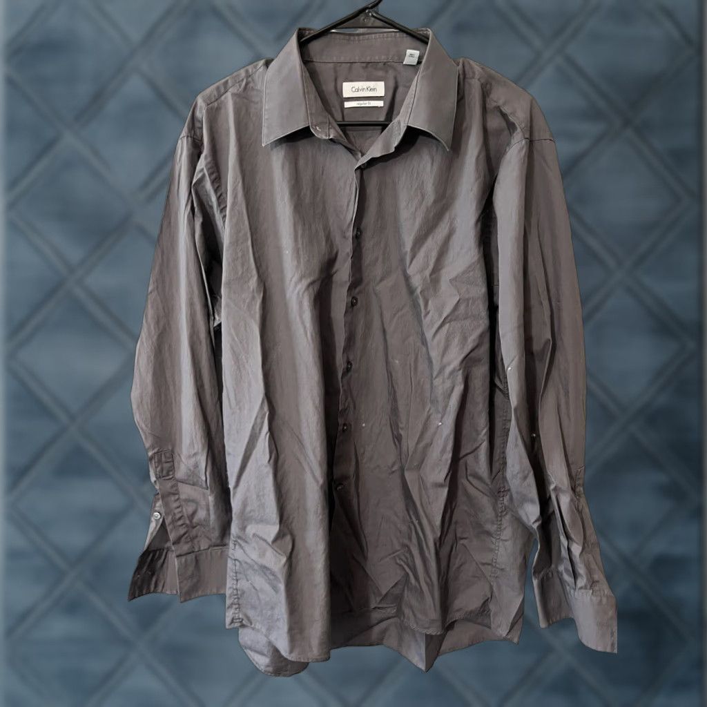 Calvin Klein CALVIN KLEIN Non-Iron Dress Shirt Large 17 Gray Regular Fit Button Collared Long Sleeve Mens Size US XL / EU 56 / 4 - 1 Thumbnail