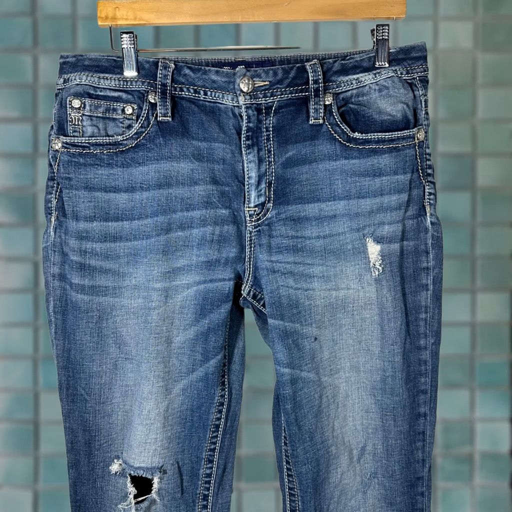 Miss Me Miss Me Jeans Distressed Straight Leg Medium Wash Blue Denim Embellished Rhinestone Pockets 5-Pocket Logo M Western Y2K Womens 32x33 Jeans Size 24" / US 00 / IT 34 - 1 Thumbnail