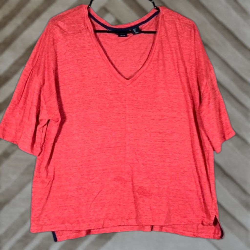 Vintage Tahari Womens Shirt Orange V Neck Short Sleeve 100% Linen Large Size L / US 10 / IT 46 - 1 Thumbnail