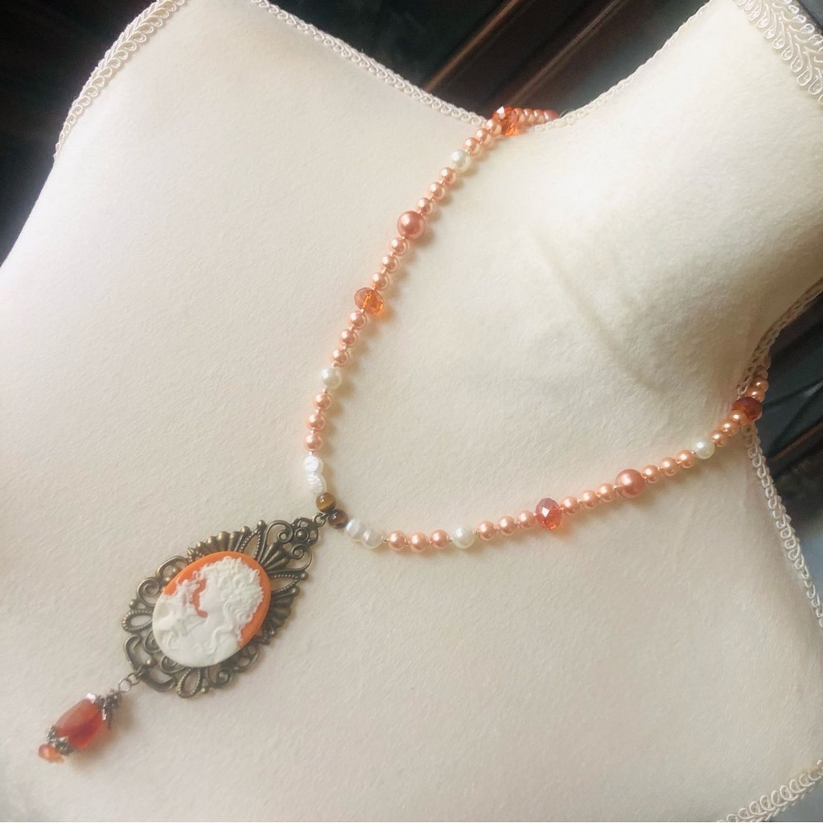 Handcrafted whimsical lady cameo pendant Pearl necklace