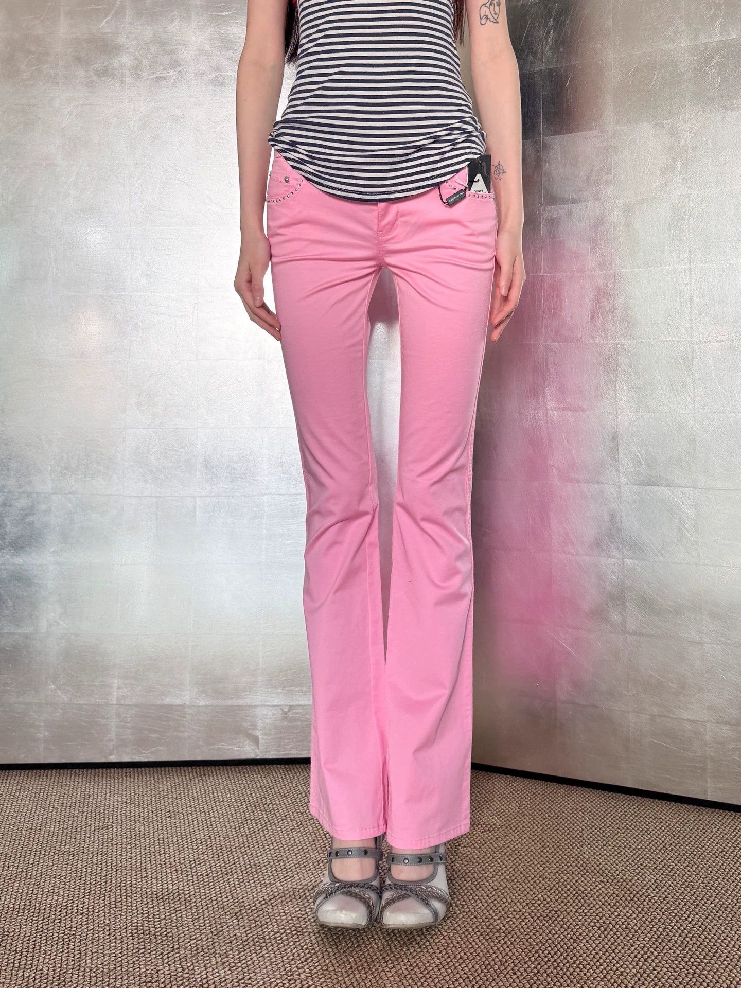 Other Italian Vintage y2k Crystal Cotton Low-Rise Straight Pants Size 27" / US 4 / IT 40 - 2 Thumbnail