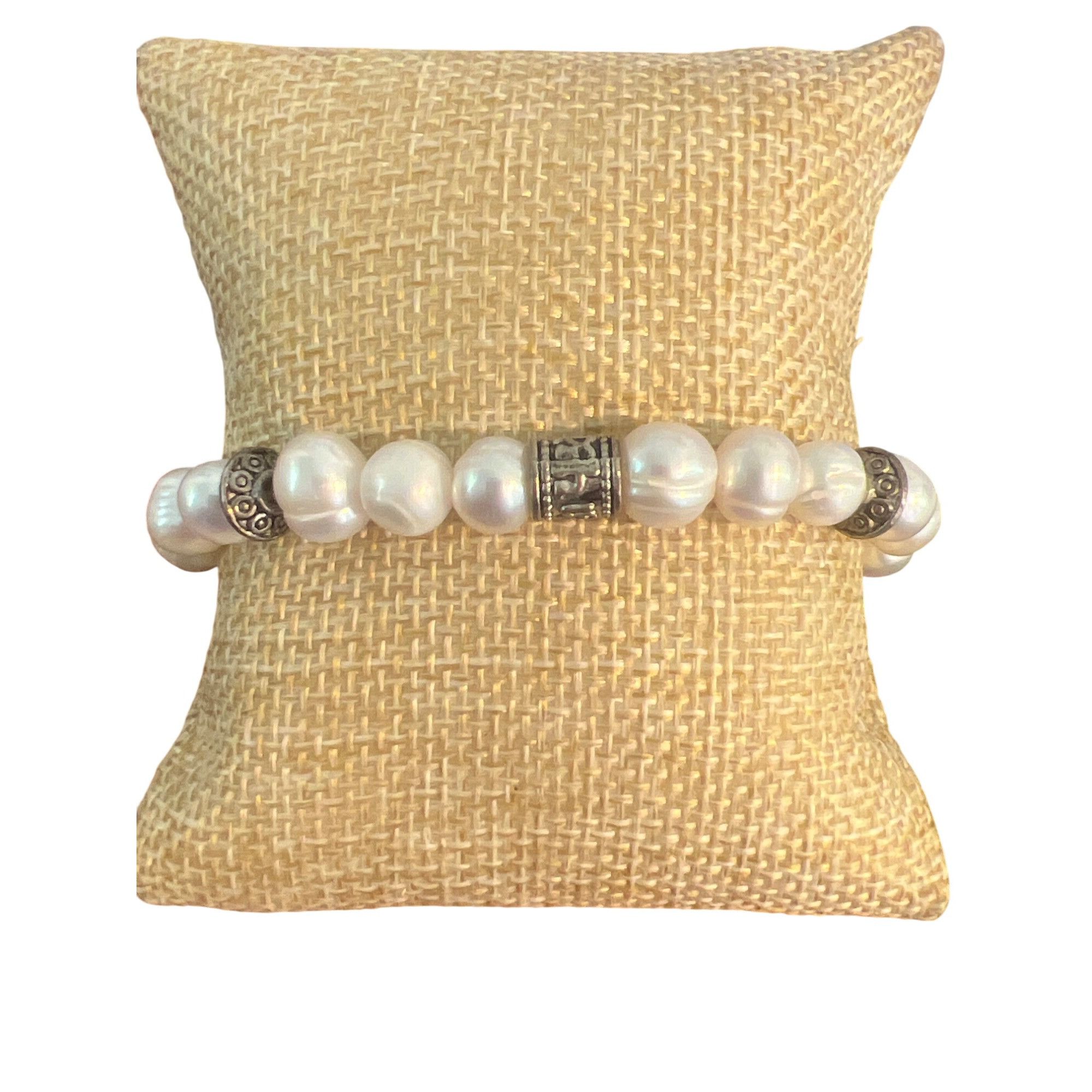 Other Vintage Freshwater Pearl Silver Tone Stretch Bracelet Stack Size ONE SIZE - 2 Thumbnail