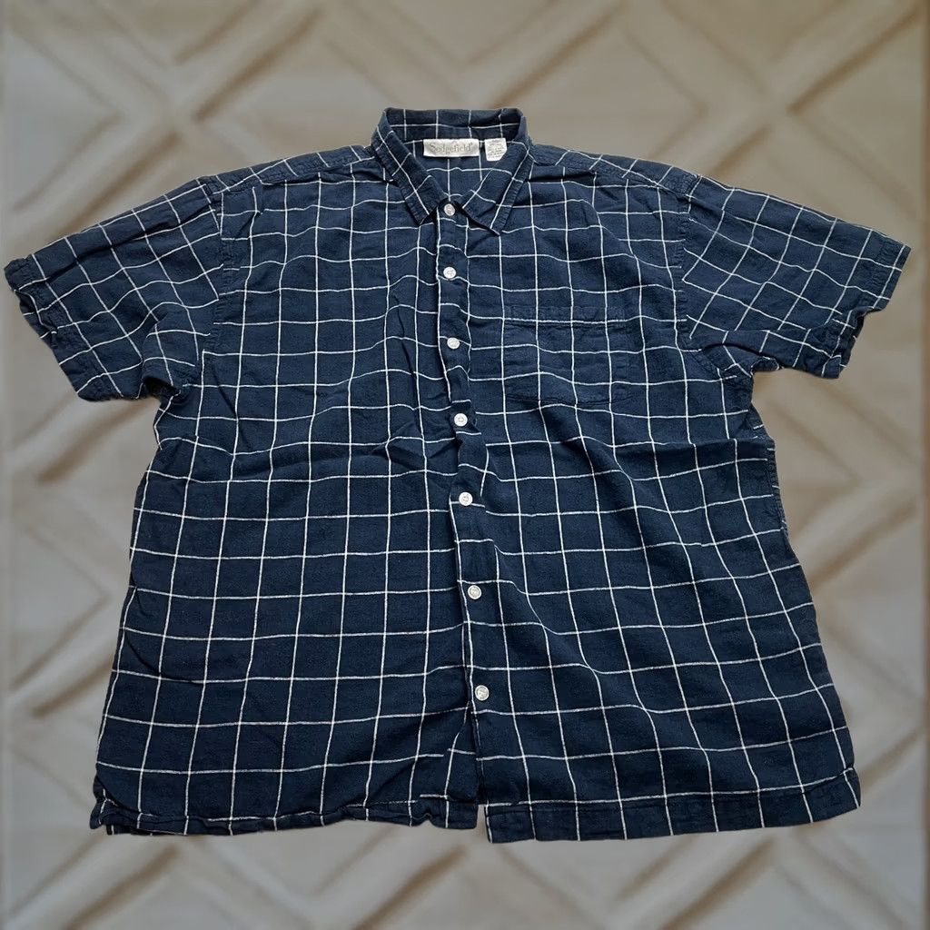 Vintage Sedgefield Button-Up Shirt Mens 2XL Dark Navy Plaid Short Sleeve Collared Top, Button-Front, Pockets, Regular Fit, Cotton Blend, Big & Tall Size US XXL / EU 58 / 5 - 1 Thumbnail