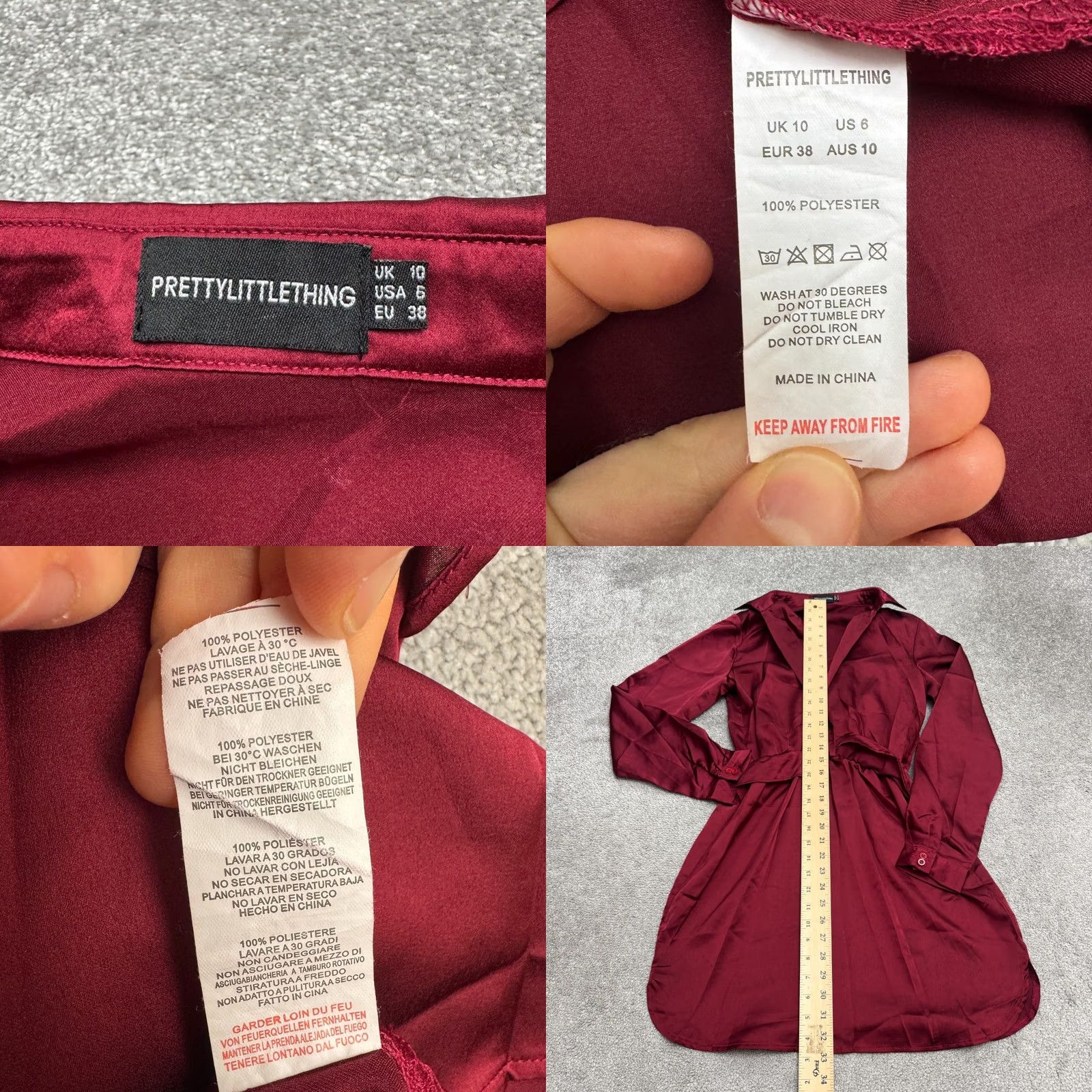 PrettyLittleThing PRETTYLITTLETHING Satin Wrapped Shirt Dress Womens 6 Burgundy Red Long Sleeve Shirt Dress Womens 6 Burgundy Red Long Sleeve Size M / US 6-8 / IT 42-44 - 8 Thumbnail