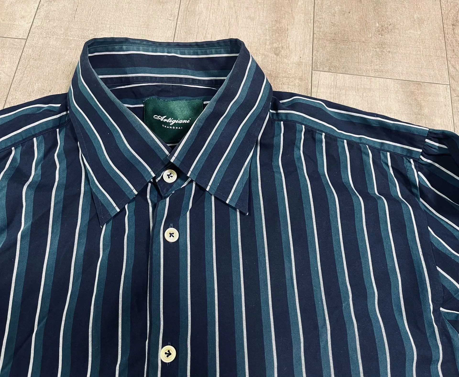 Vintage Navy Green Stripe Shirt The Refinery TR Size US M / EU 48-50 / 2 - 1 Thumbnail