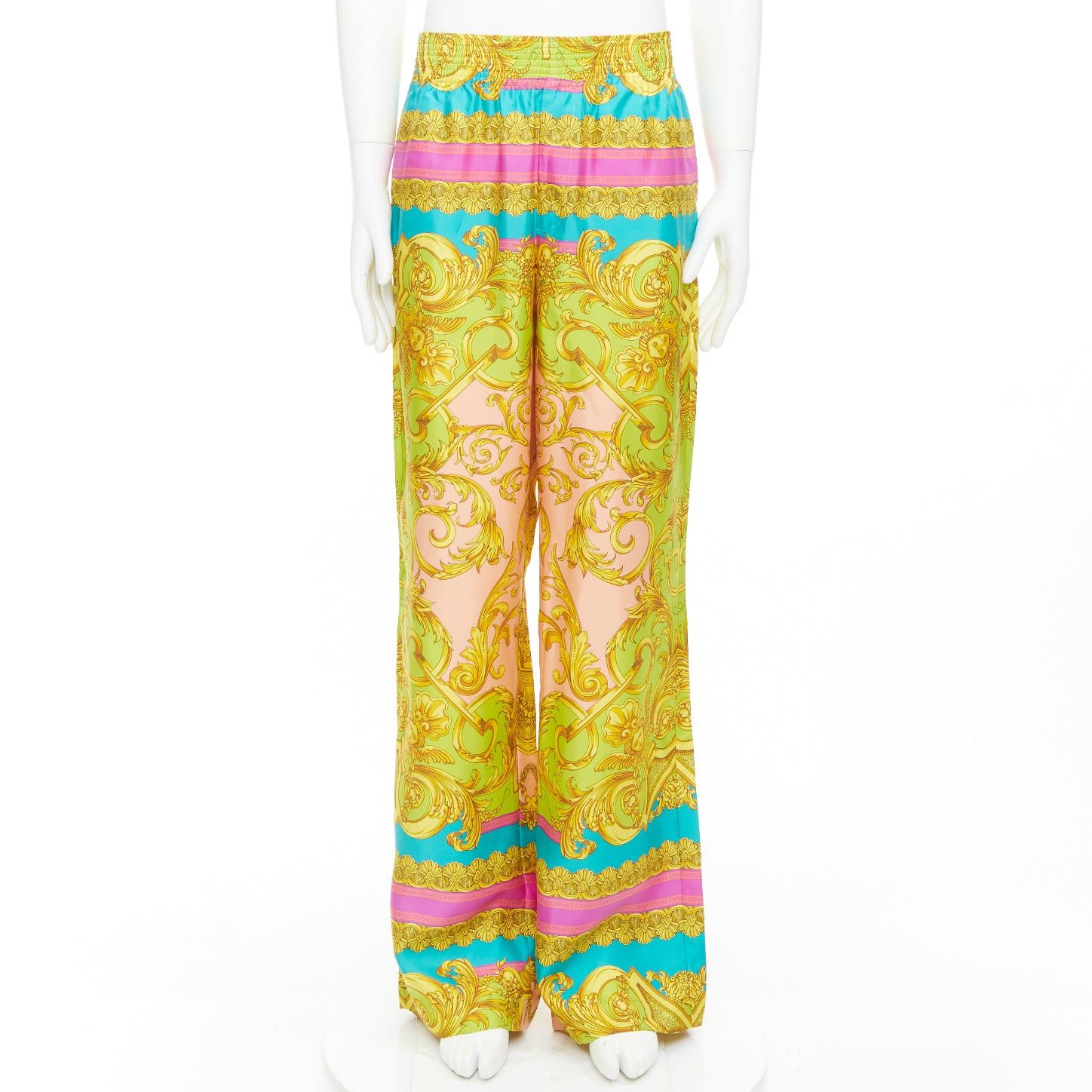 VERSACE Barocco Goddess 100% silk twill graphic print wide leg