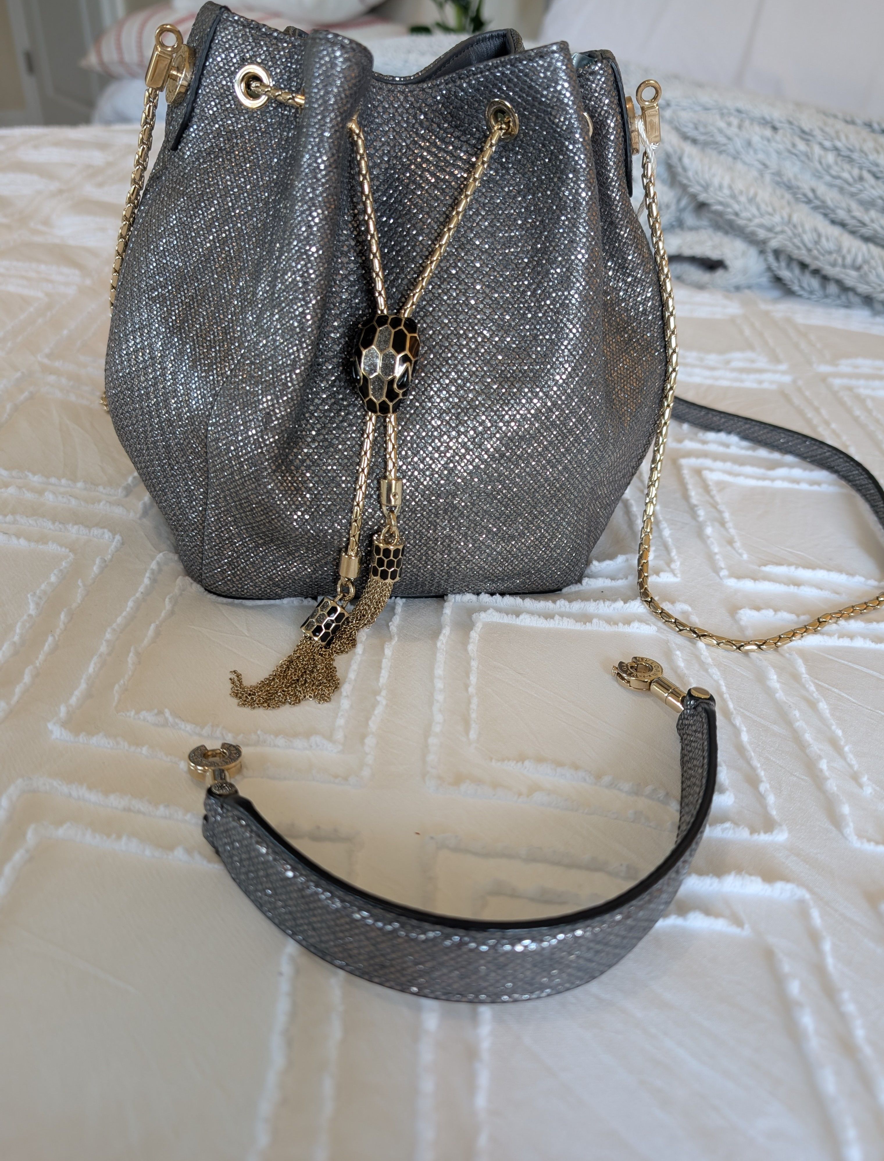 Bvlgari Bvlgari Silver Bucket Drawstring Bag Gold Chain Strap Tassel Size ONE SIZE - 4 Thumbnail