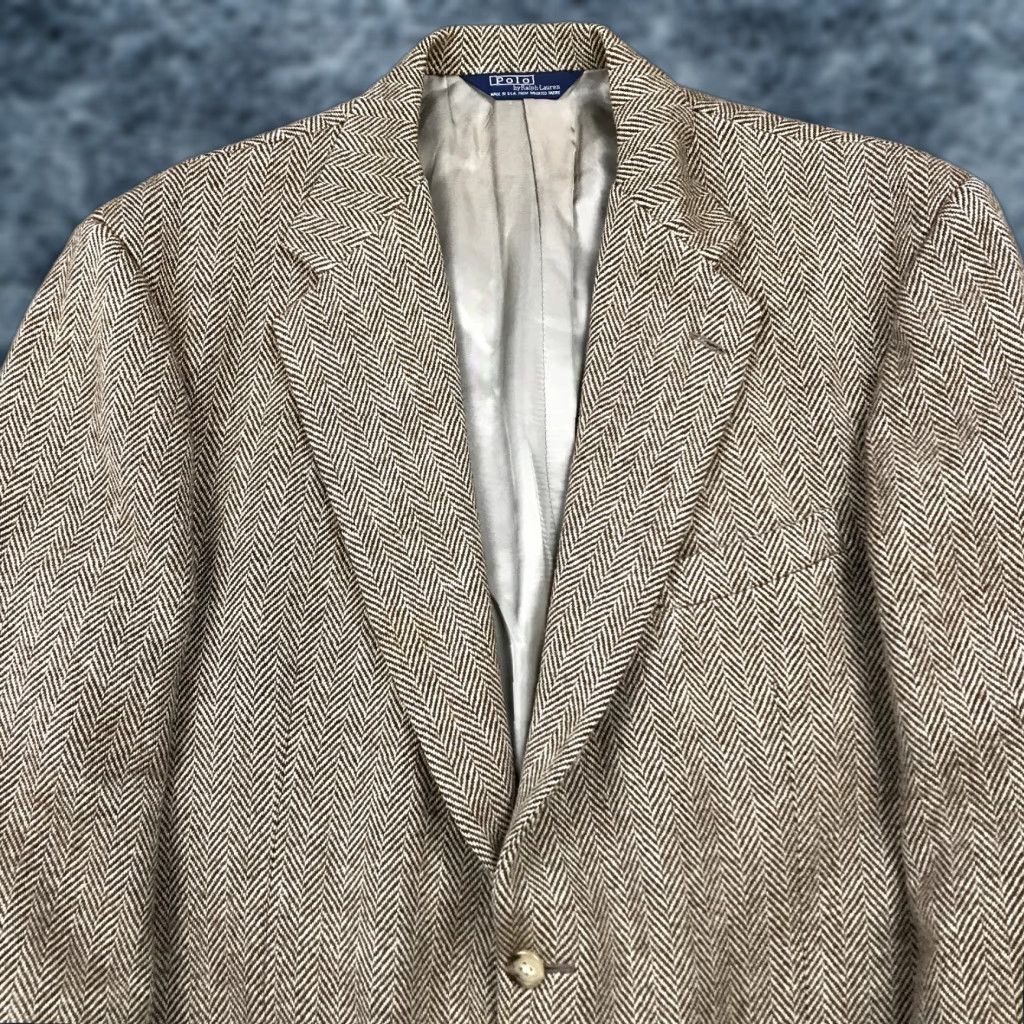 VINTAGE Polo Ralph Lauren Blazer Mens Large Brown Wool Herringbone Made USA Jacket Blazer 2 Button USA Mens L Wool Tweed Vintage 1990s”