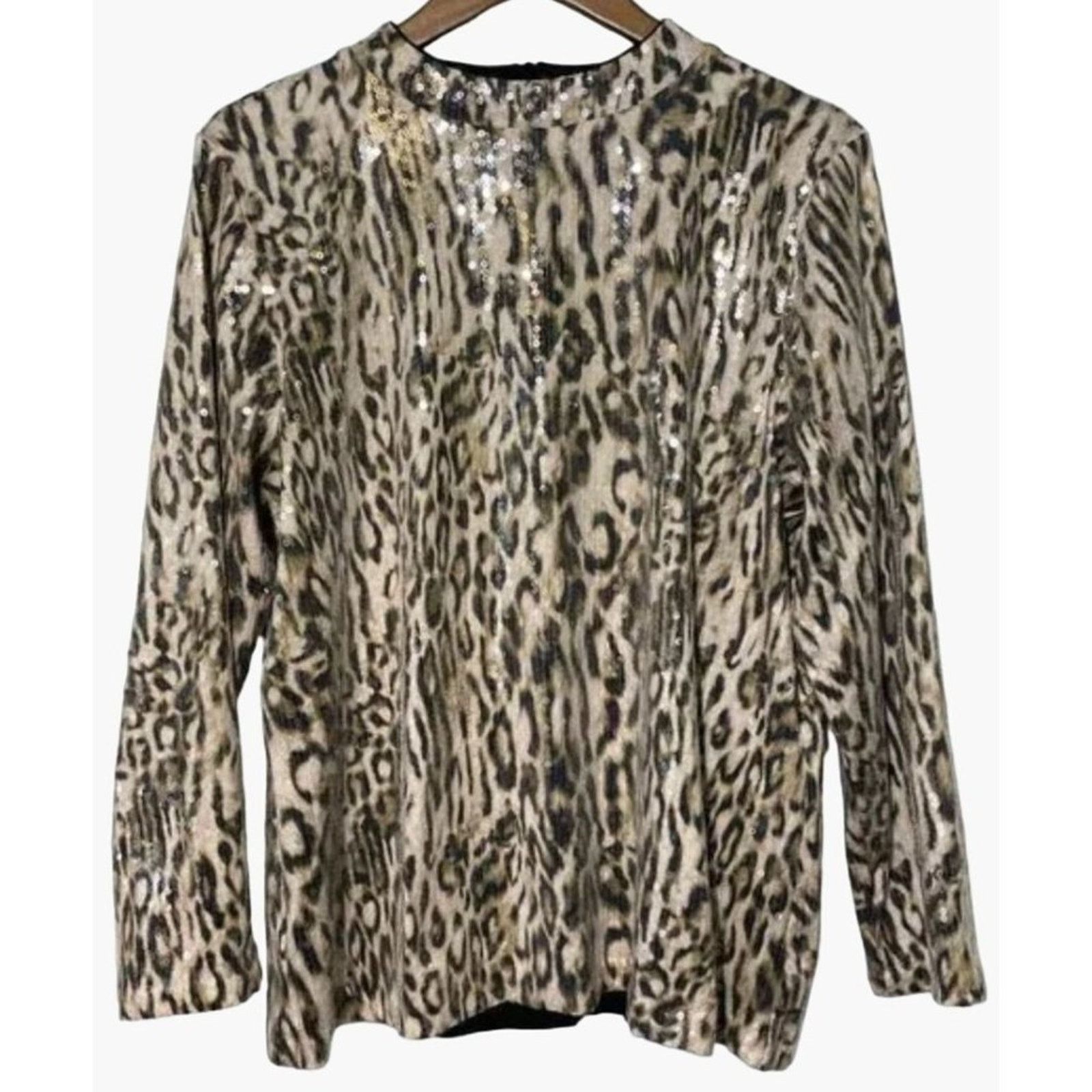 Chicos Chicos Cheetah Print Sequin Mock Long Sleeve Sparkle Top S Size S / US 4 / IT 40 - 2 Thumbnail