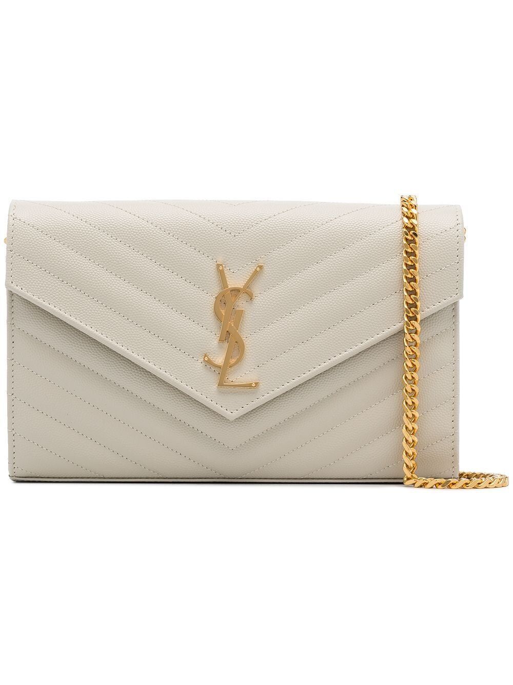 image of Saint Laurent Paris Logo Leather Clutch With Chain in White, Women's