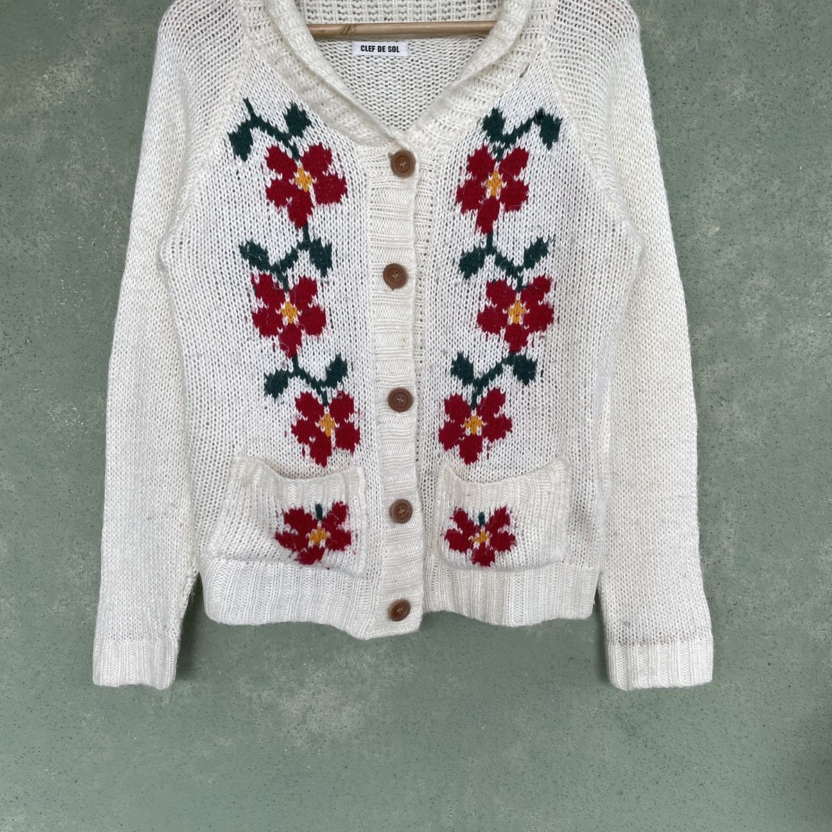 Aran Isles Knitwear × Homespun Knitwear × Japanese Brand Vintage Clef De Sol Hibiscus Flowers Cardigan Knitwear Size US M / EU 48-50 / 2 - 4 Thumbnail