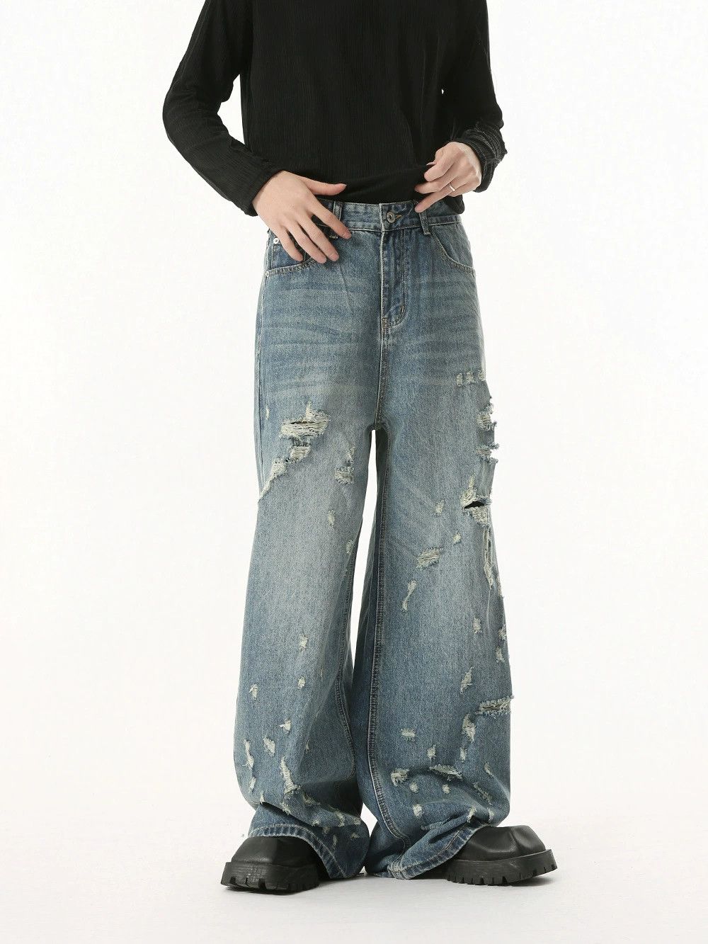 Vintage Men's irregular distressed high street straight ripped jeans Size US 32 / EU 48 - 2 Thumbnail