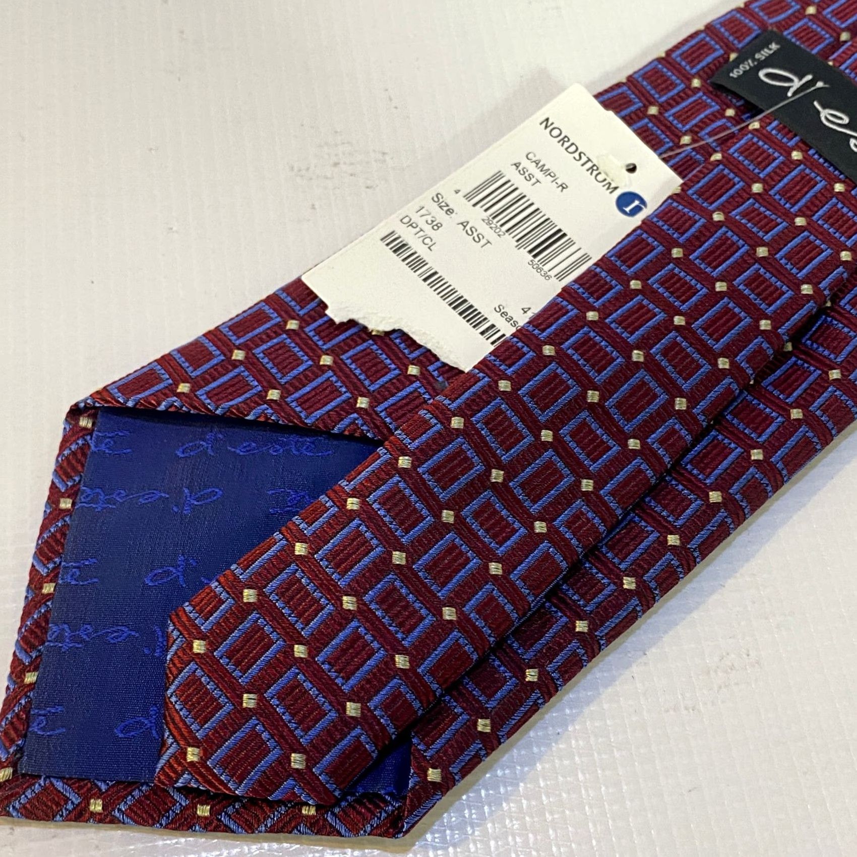 Vintage D'Este Mens Tie Red and Blue Geometric Pattern Silk 100% Silk Tie NEW Ships Next Business Day Size ONE SIZE - 3 Thumbnail