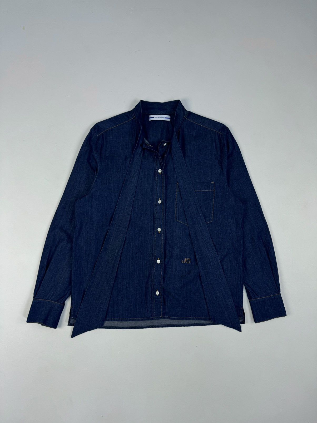 Designer × Jacob Cohen JACOB COHEN Jeans Denim Blue Bow Tie Ascot Collar Shirt Size L / US 10 / IT 46 - 3 Thumbnail