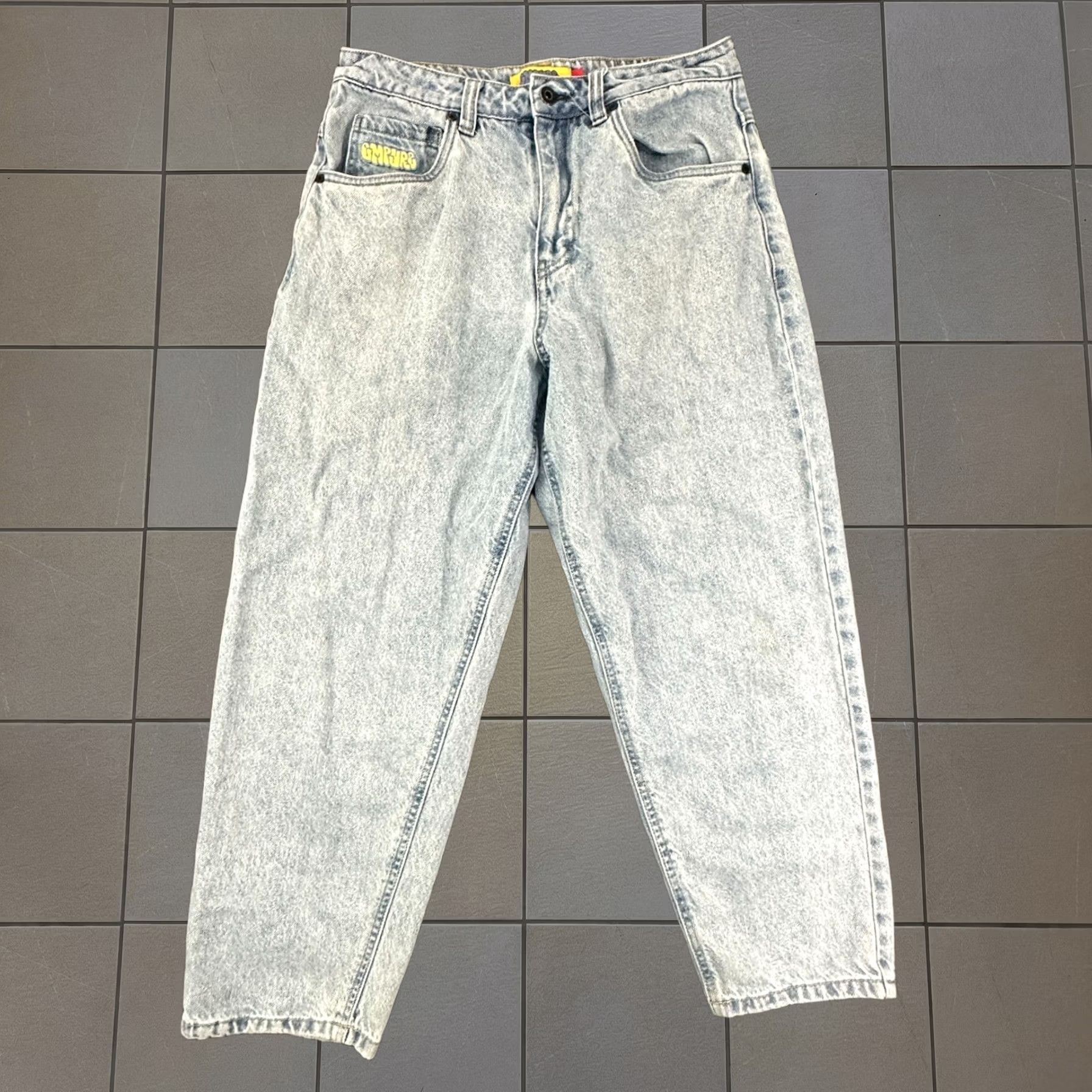 Empyre Jeans Mens 28 Light Blue Acid Wash Loose Fit Skater Denim Logo Embroidery 90s, Men's