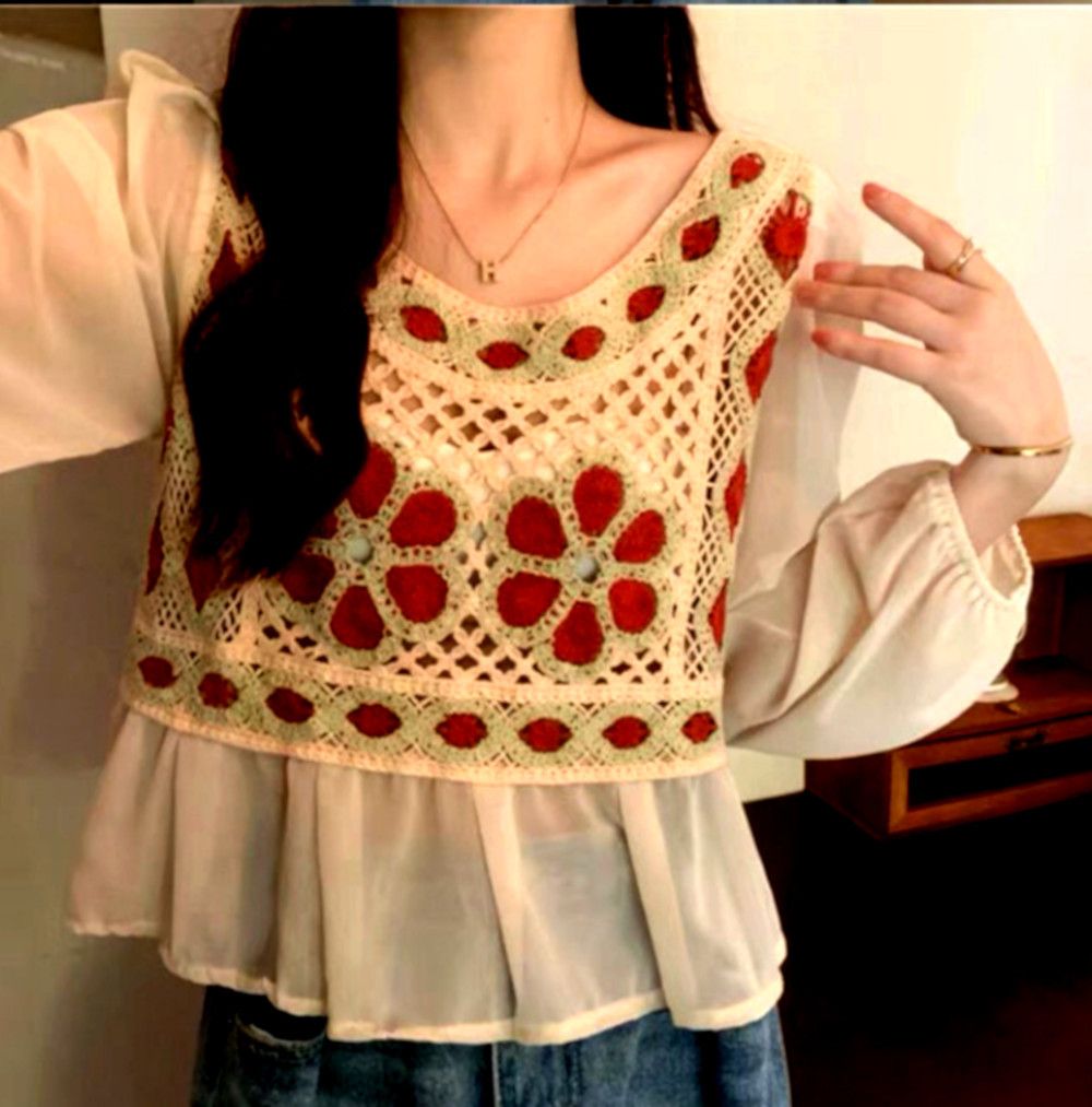 Japanese Brand × Vintage Vintage Punk Chiffon Floral Crochet Knit Embroidery Blouse Size ONE SIZE - 3 Thumbnail
