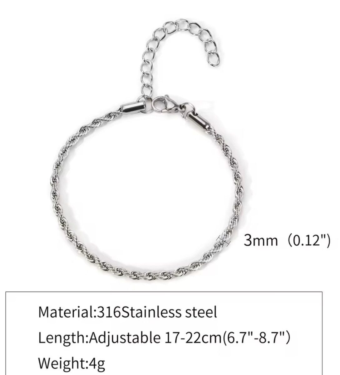 Jewelry Bracelet Silver Rope Bracelet 3mm Size ONE SIZE - 5 Thumbnail
