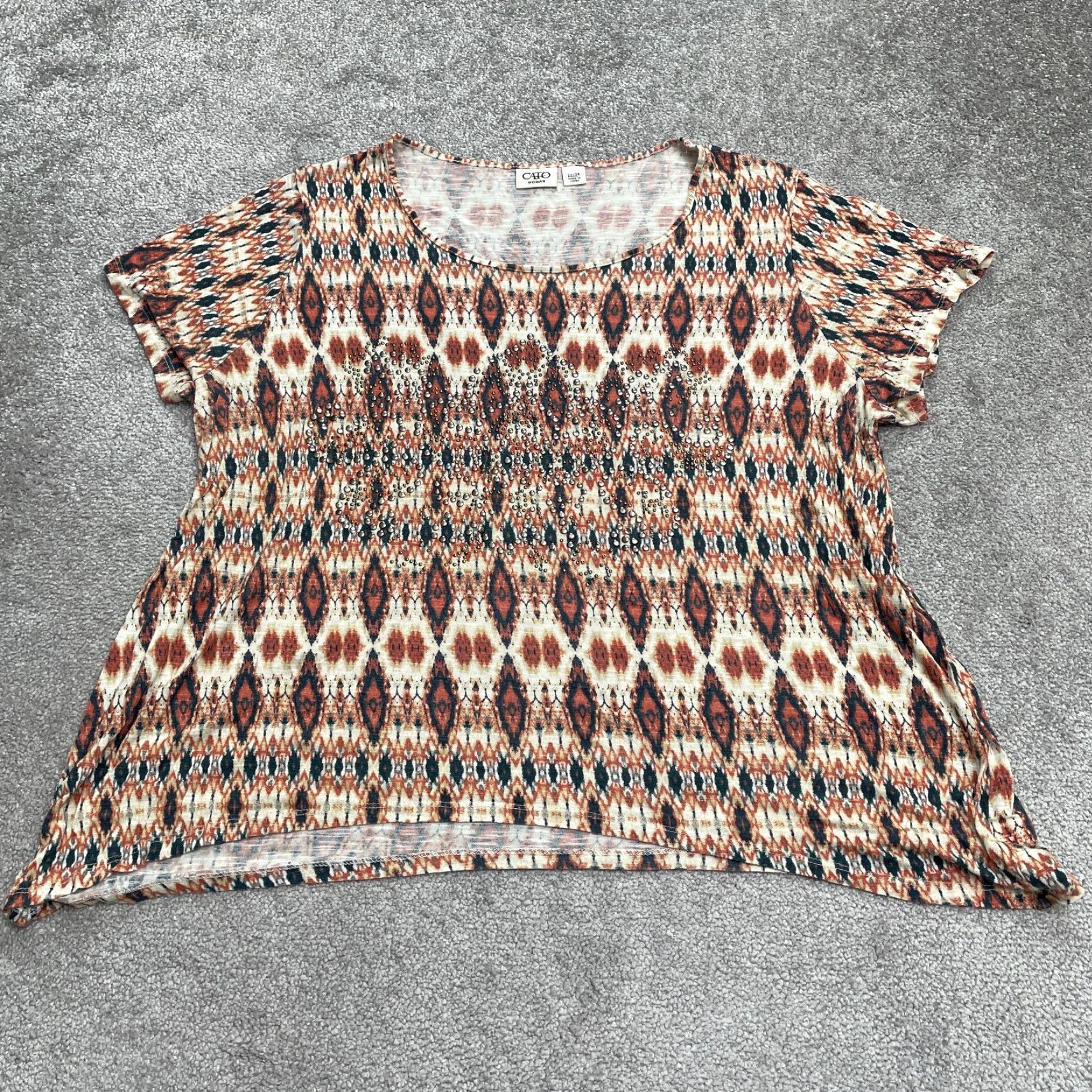 Vintage Cato Blouse Womens 22/24 Brown Geometric Short Sleeve Rayon Casual Aztec Bohemian Designer Knit Size 4XL / US 24-26 - 2 Thumbnail