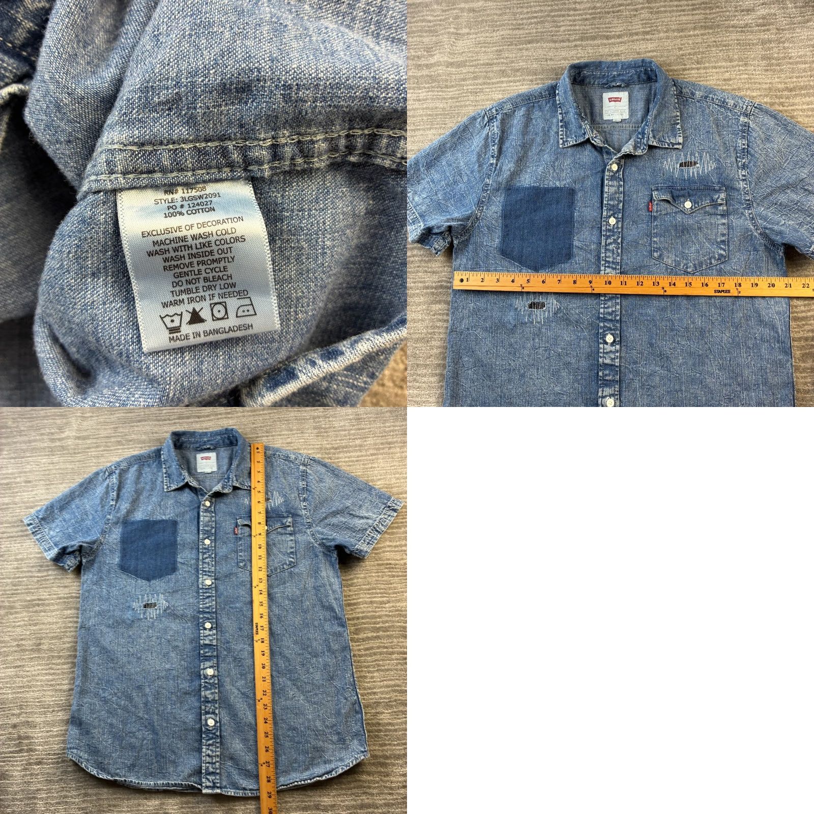 Levi's Levi's Shirt Mens Large Blue Denim Distressed Patchwork Jean Pocket Button Up Shirt Size US L / EU 52-54 / 3 - 8 Thumbnail