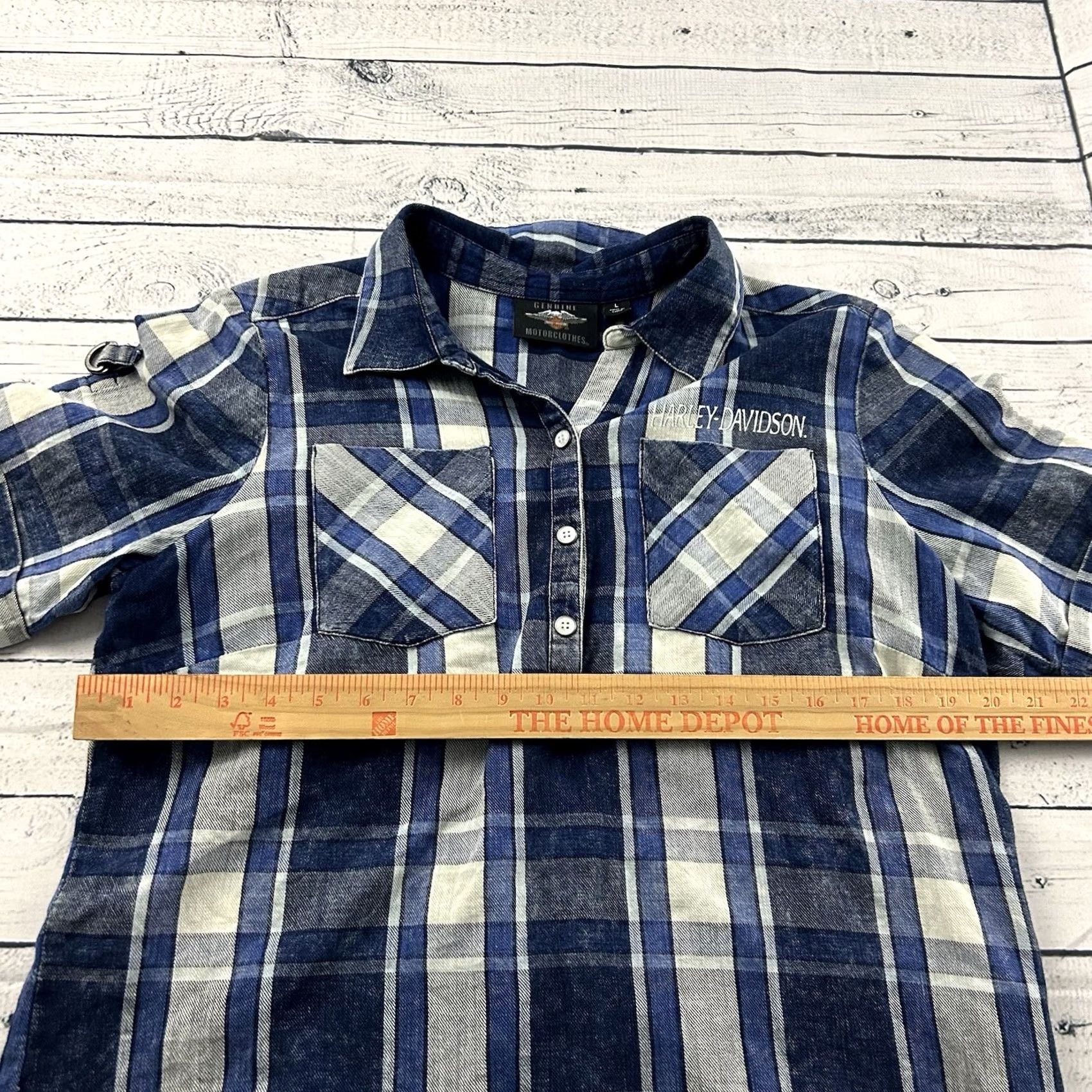 Harley Davidson Harley-Davidson Short Sleeve Plaid Snap Button-Up Shirt Women's L Blue Size L / US 10 / IT 46 - 5 Thumbnail