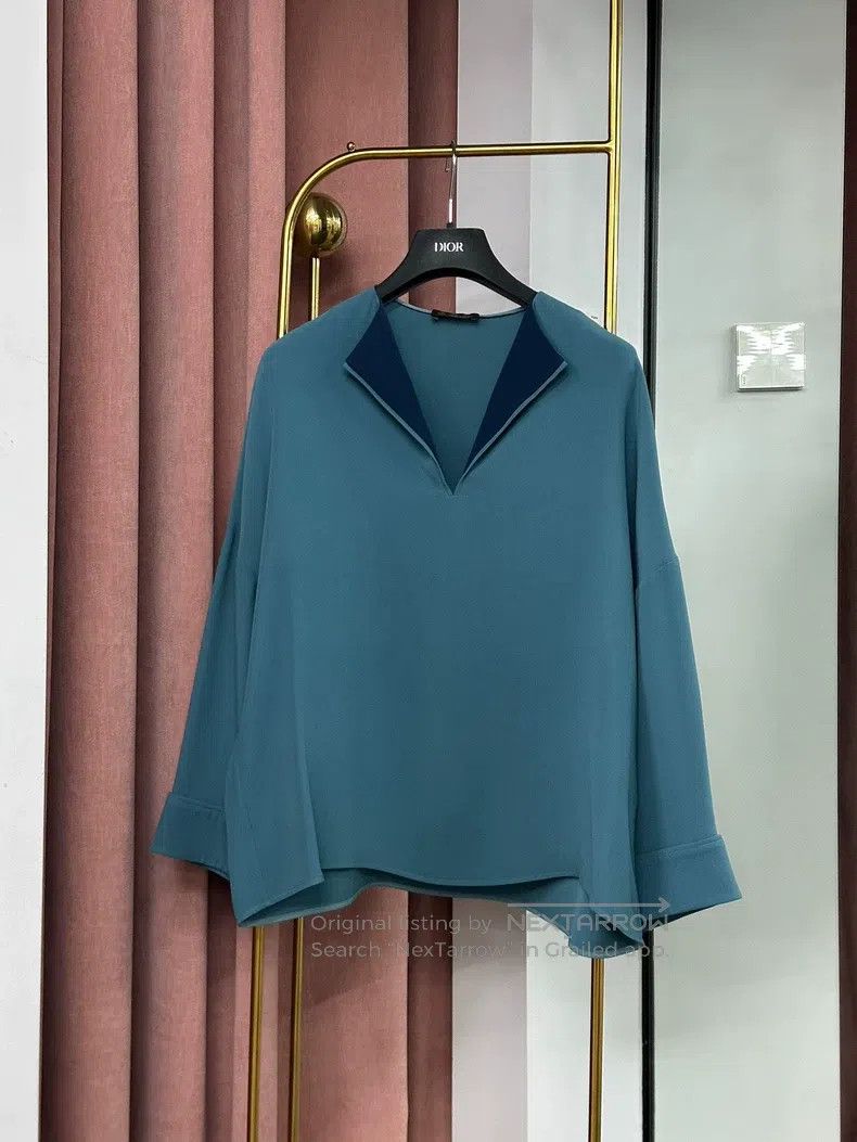 Loro Piana Blue Silk Collared V-Neck Long Sleeve Shirt