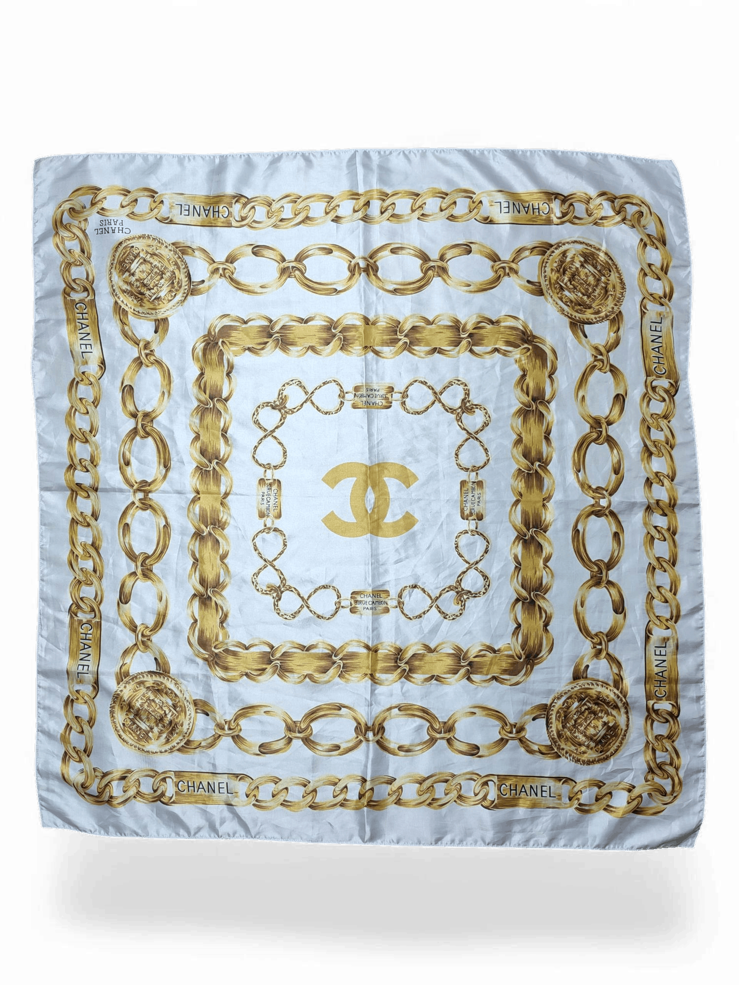 Chanel White Gold Chain CC Logo Square Silk Scarf Vintage