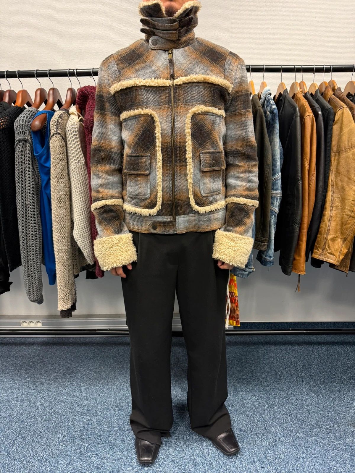 Dolce & Gabbana Dolce Gabbana Wool Brown Checkered Sherling Aviator Jacket Size US M / EU 48-50 / 2 - 2 Thumbnail