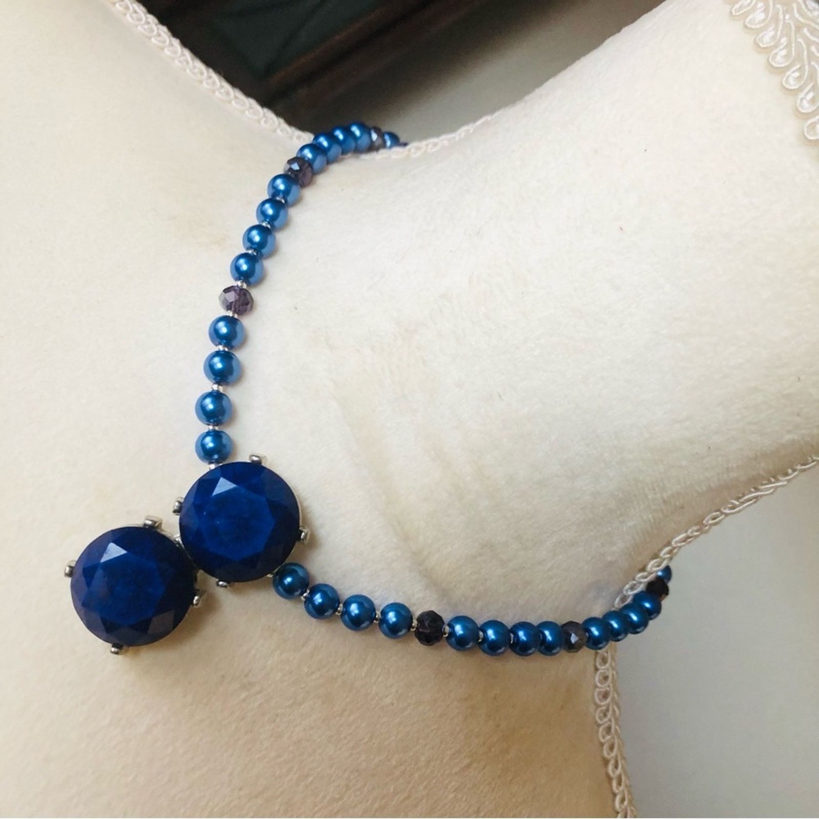 Handmade Handcrafted repurpose royal blue stone Pearl necklace Size ONE SIZE - 1 Thumbnail