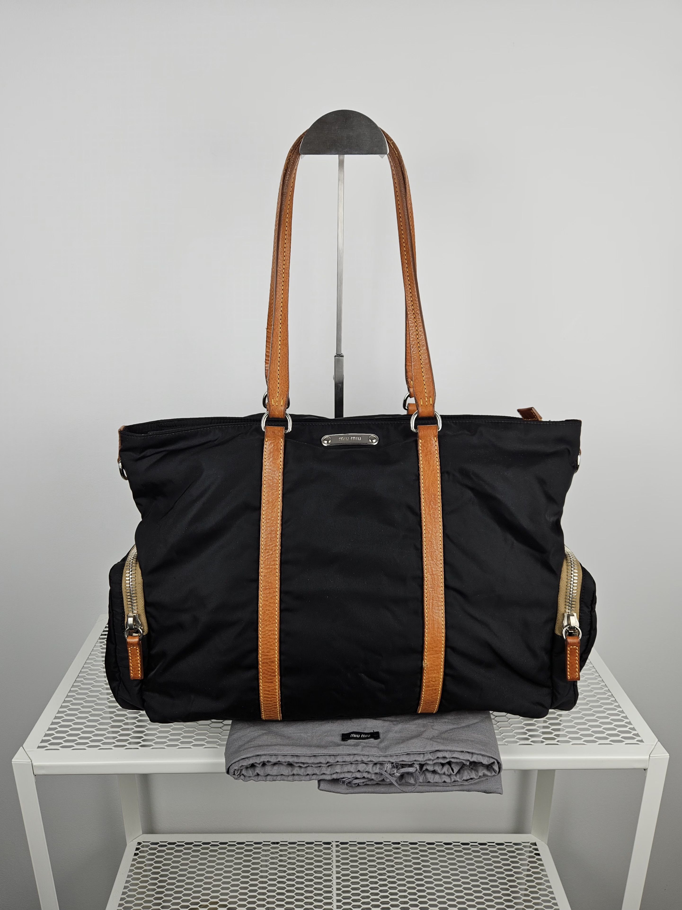 Archive Miu Miu Nylon Leather Tote Bag With Cargo Pockets in Black, Women's
