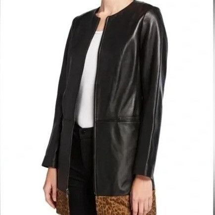 Neiman Marcus Neiman Marcus Black Leather Zip-Up Coat Leopard Print Hem Wo Size XL / US 12-14 / IT 48-50 - 9 Thumbnail