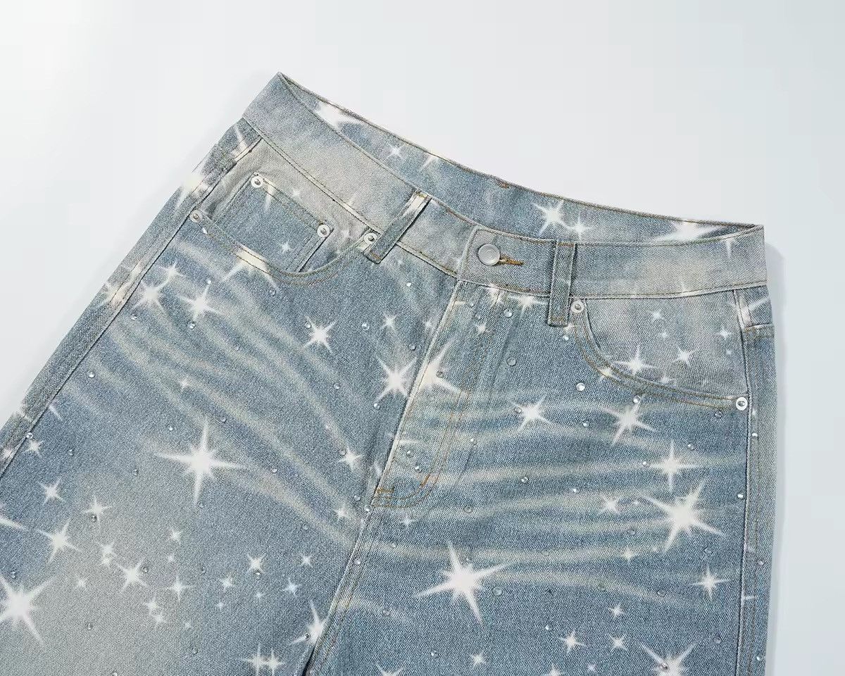 Designer Stars Rhinestone Washed Baggy Printed Jeans Size US 35 - 3 Thumbnail