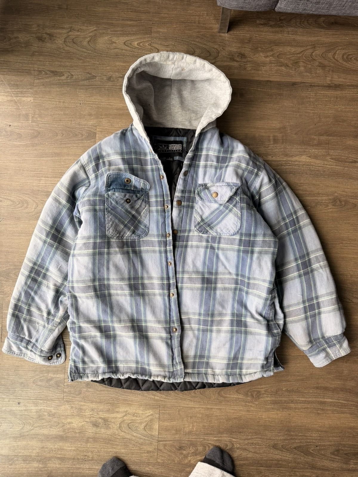 Vintage 90s grunge faded quilted padded flannel with hood Size US L / EU 52-54 / 3 - 1 Thumbnail