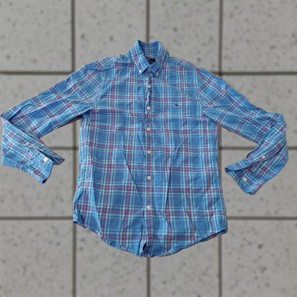 Vineyard Vines VINTAGE Mens Vineyard Vines Plaid Dress Shirt XS Blue Button Cotton Size 34R - 1 Thumbnail