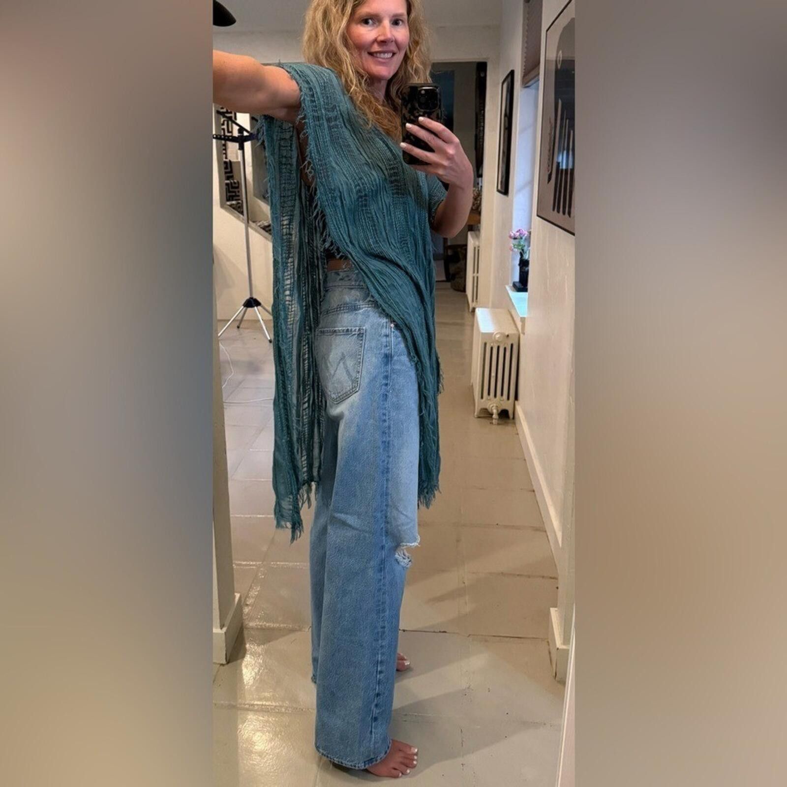 Free People Free People Teal Fringe Open Knit Poncho Cover Up OS Size ONE SIZE - 9 Thumbnail