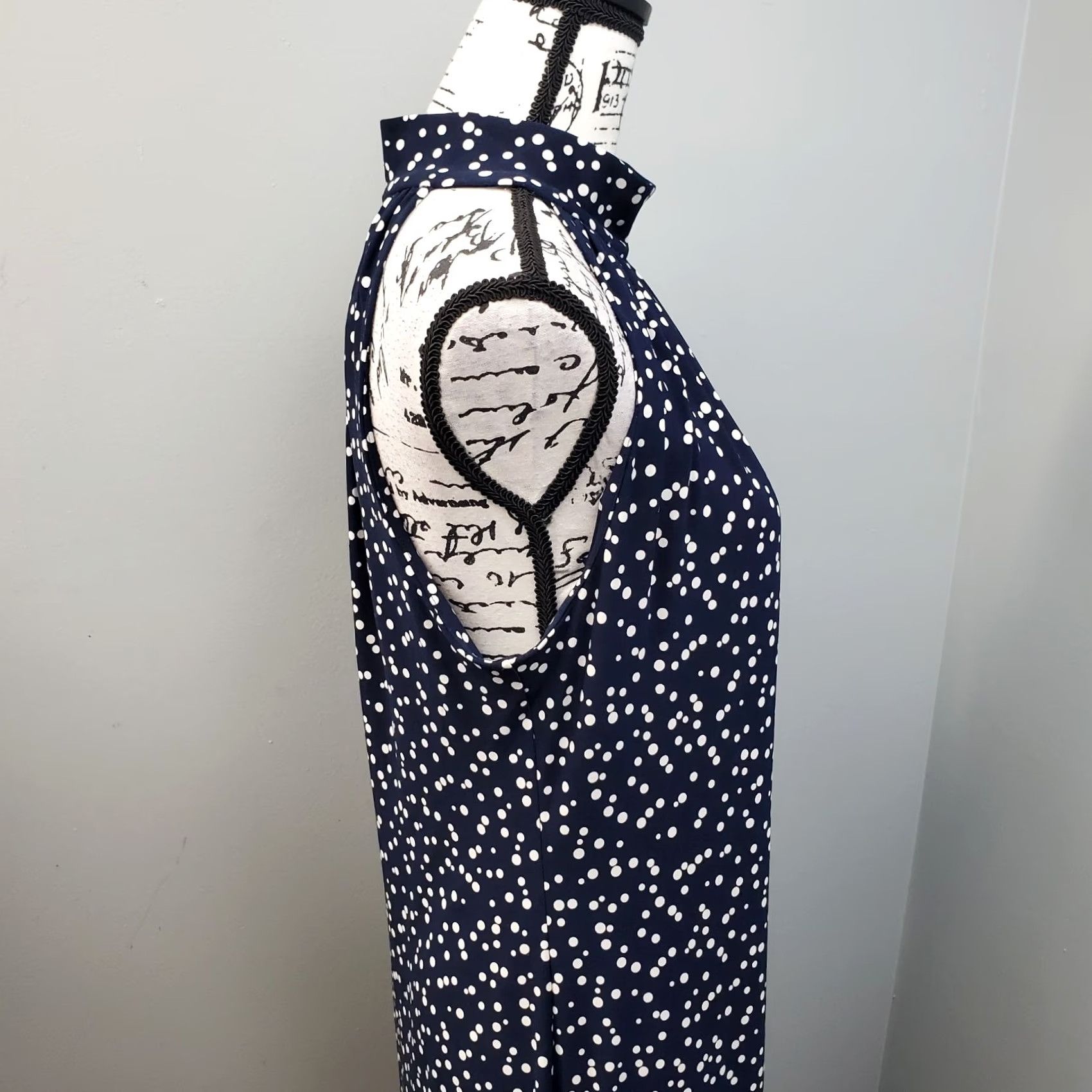 Vintage American Living Women 14 Navy White Polka Dot Halter Neck Back Zip Sheath Dress Size XL / US 12-14 / IT 48-50 - 6 Thumbnail